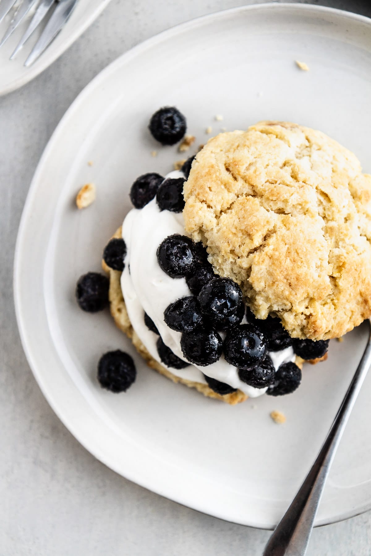 an overhead shot of blueberry shortcakes on a plate