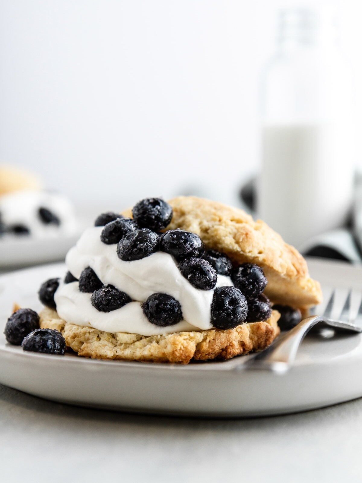 blueberry shortcake on a plate with a glass of milk in the background.