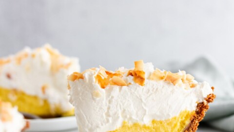 slices of mango pie on plates.