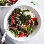 sheet pan Mongolian beef in bowl.
