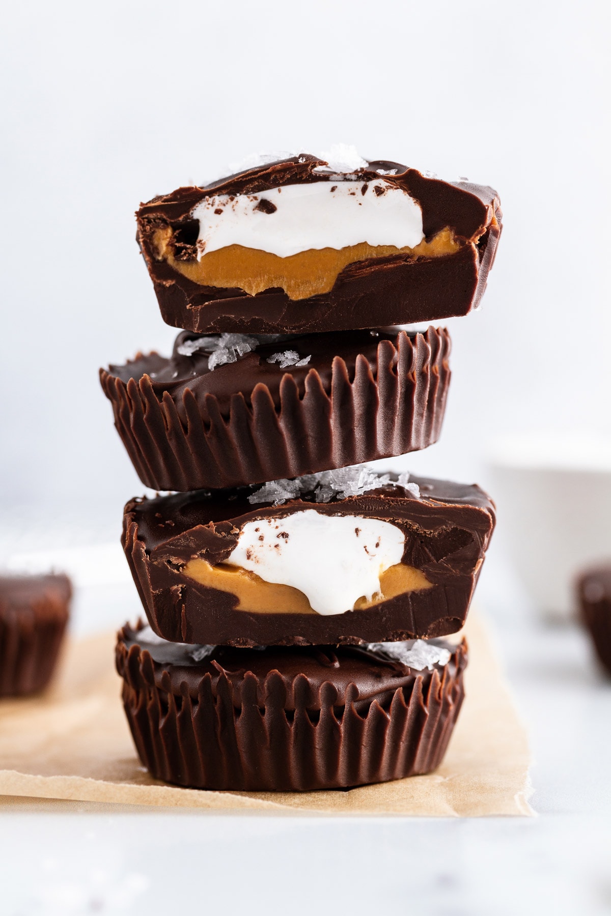 stack of fluffernutter cups on parchment paper