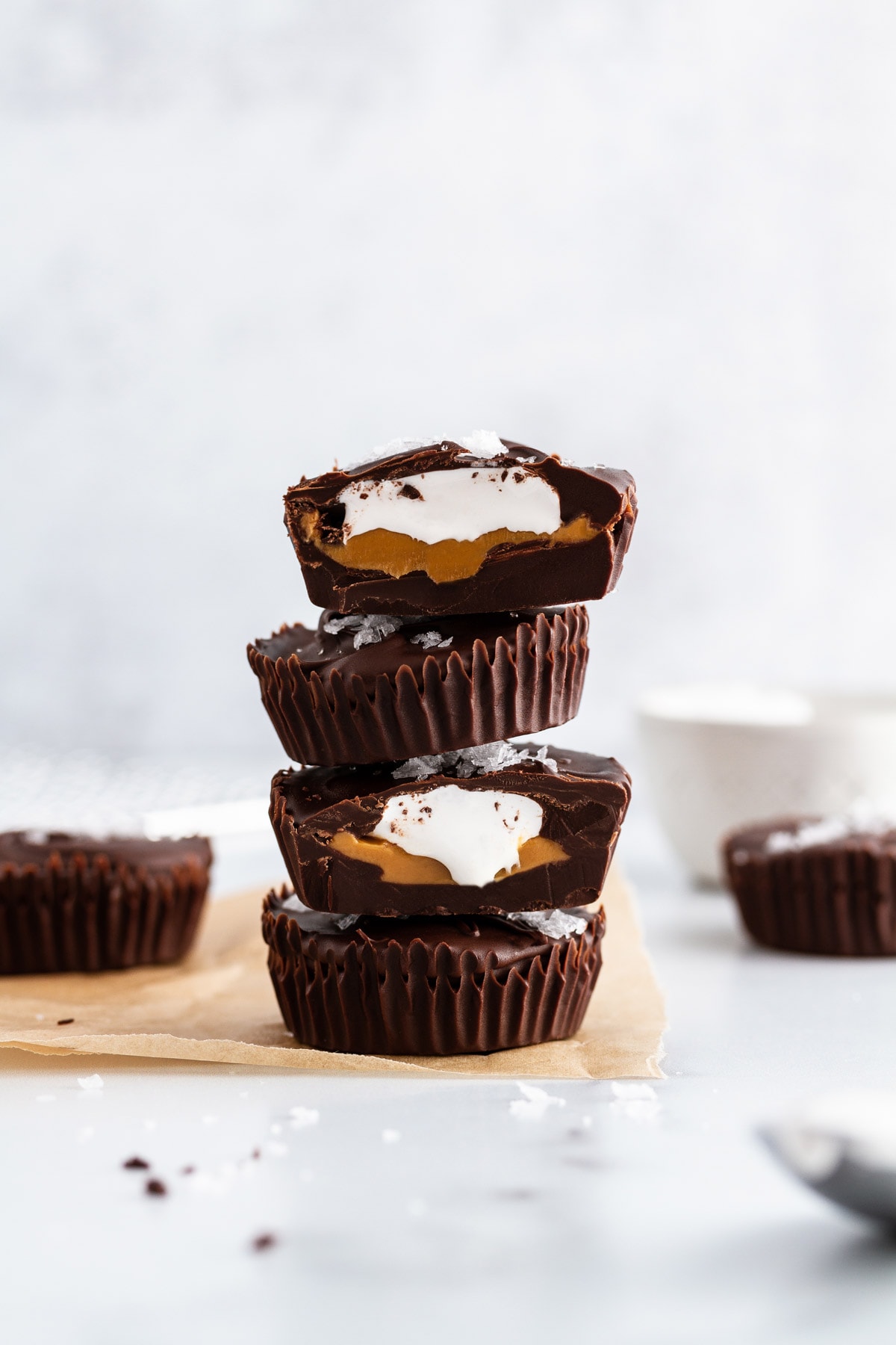 stack of fluffernutter cups on parchment paper