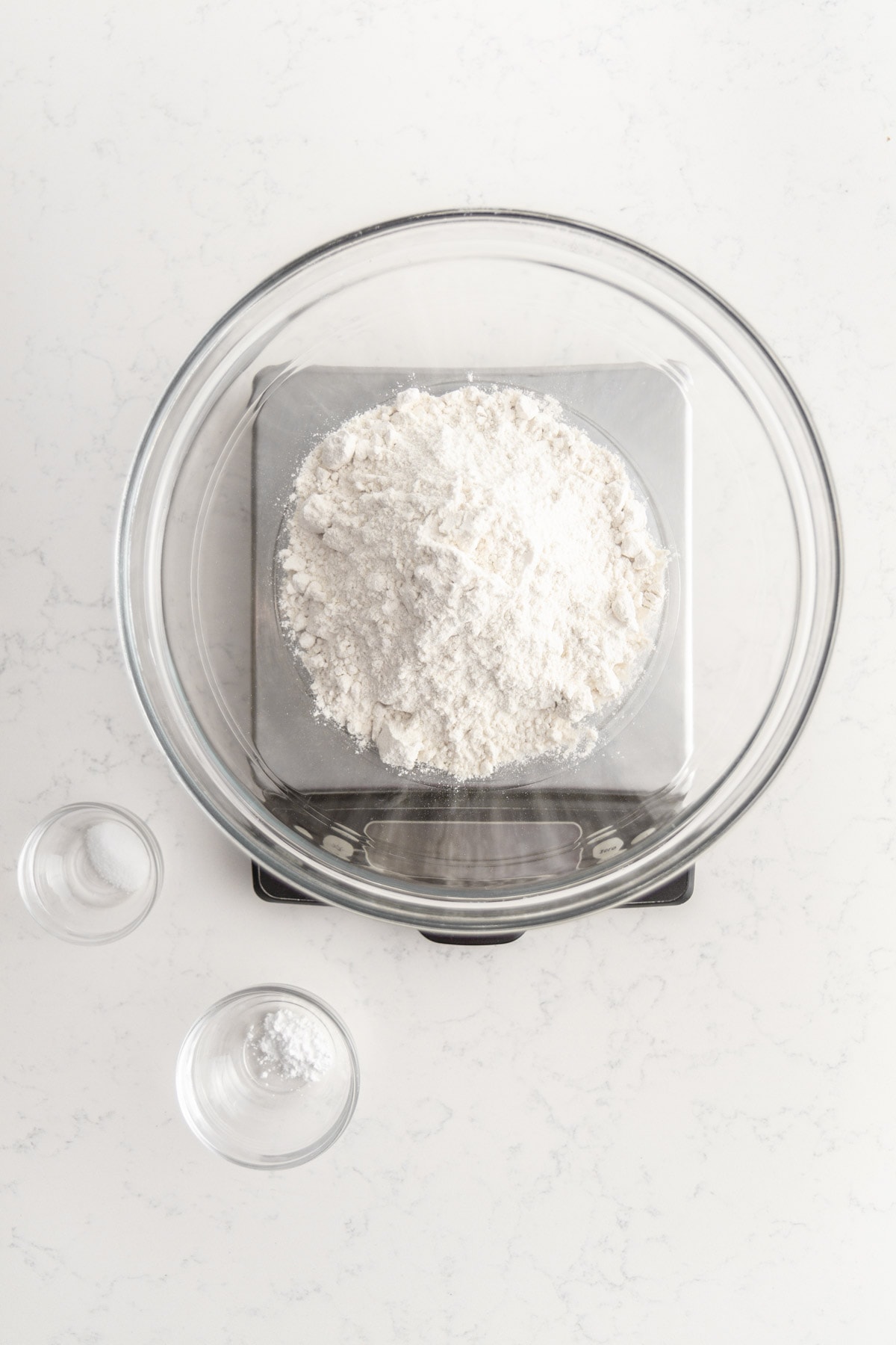 flour, baking powder and salt in bowls