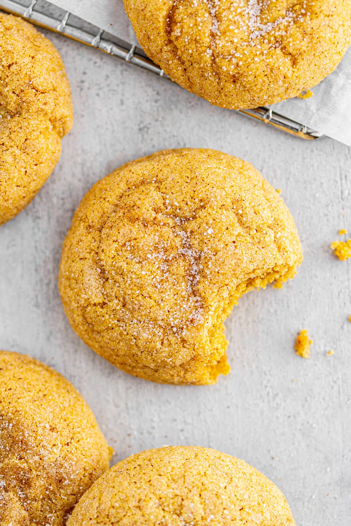 pumpkin snickerdoodles on a surface with a bite taken out of one