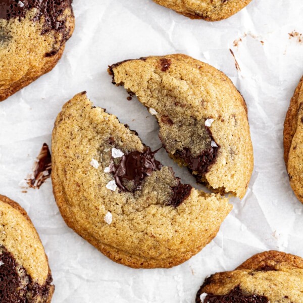 chocolate chip cookies on parchment paper.