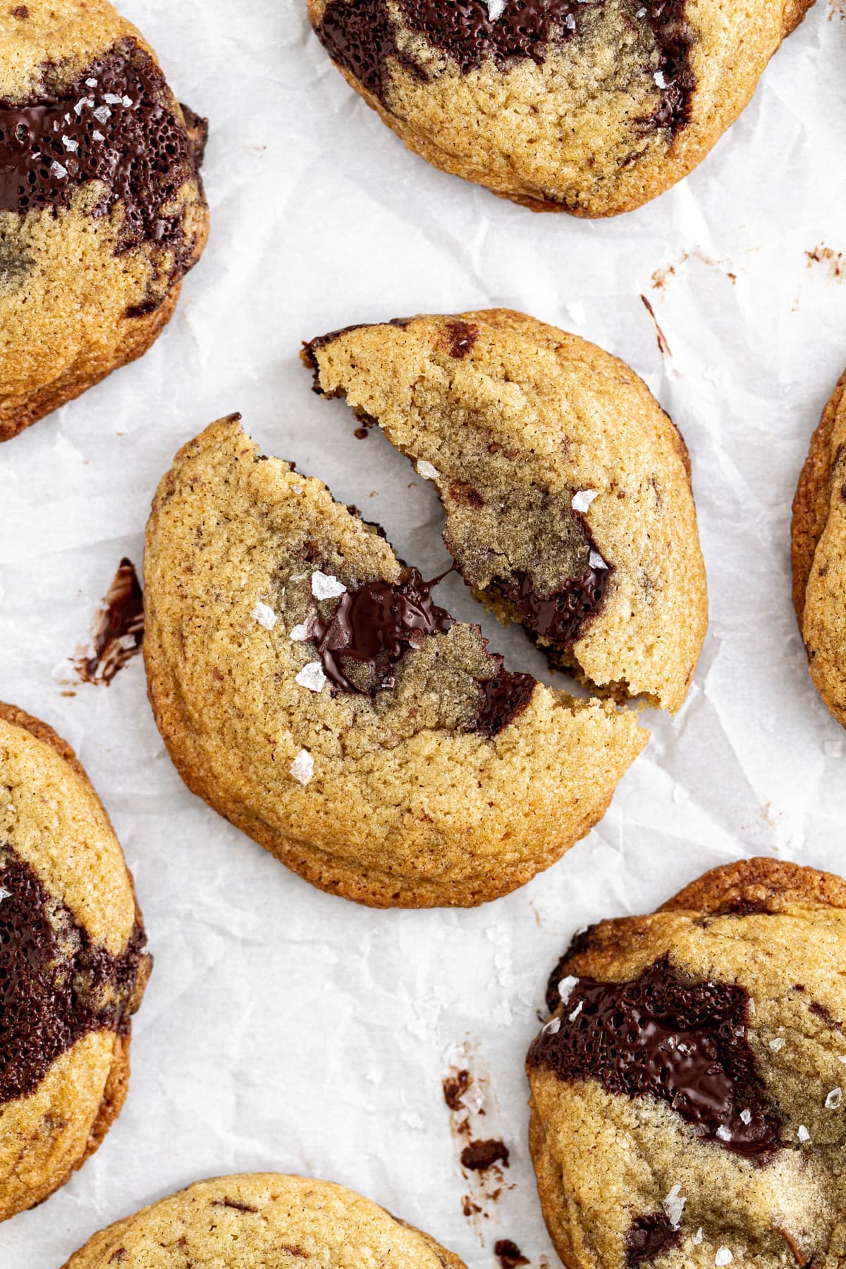 chocolate chip cookies on parchment paper