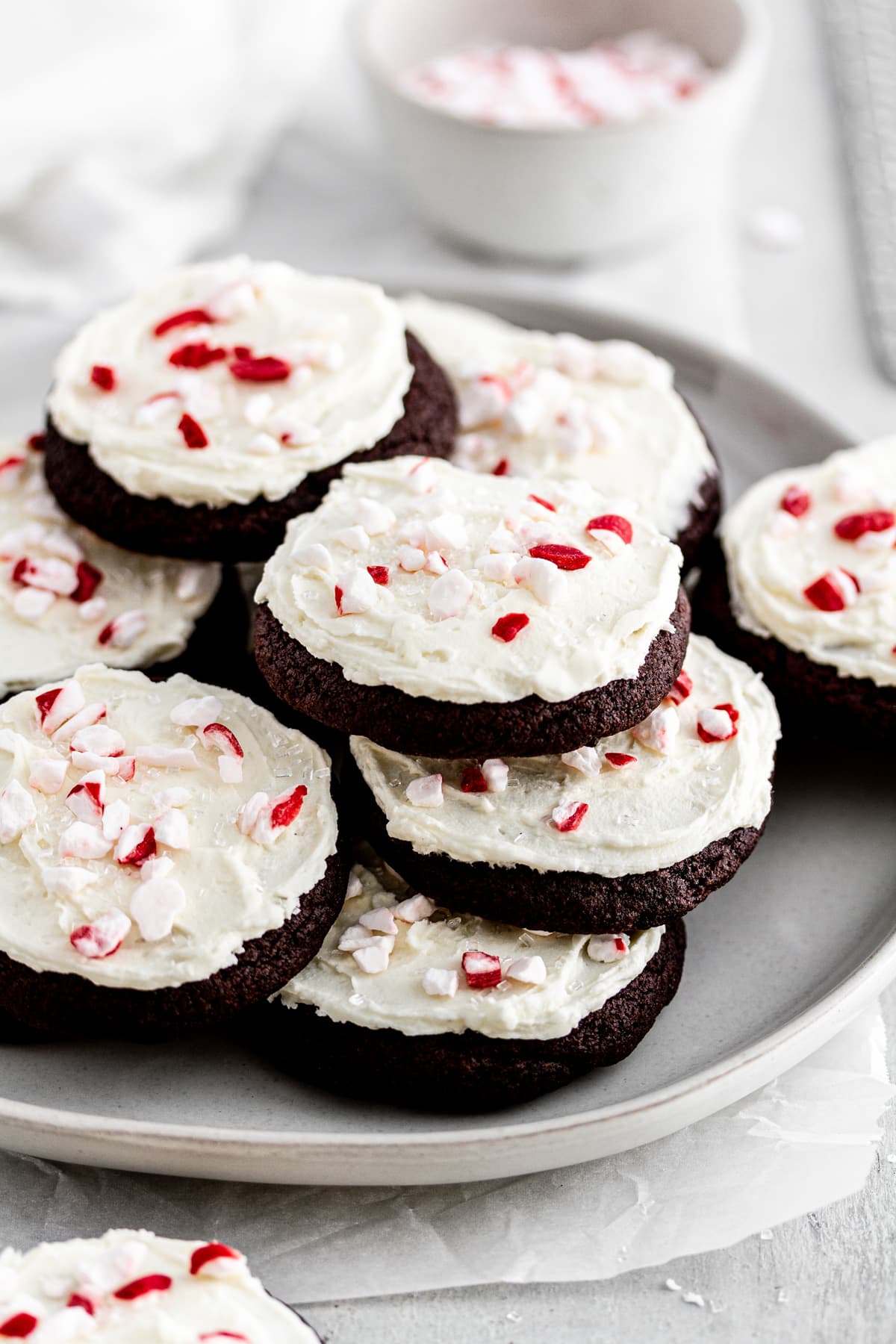 chocolate peppermint cookies stacked on a plate