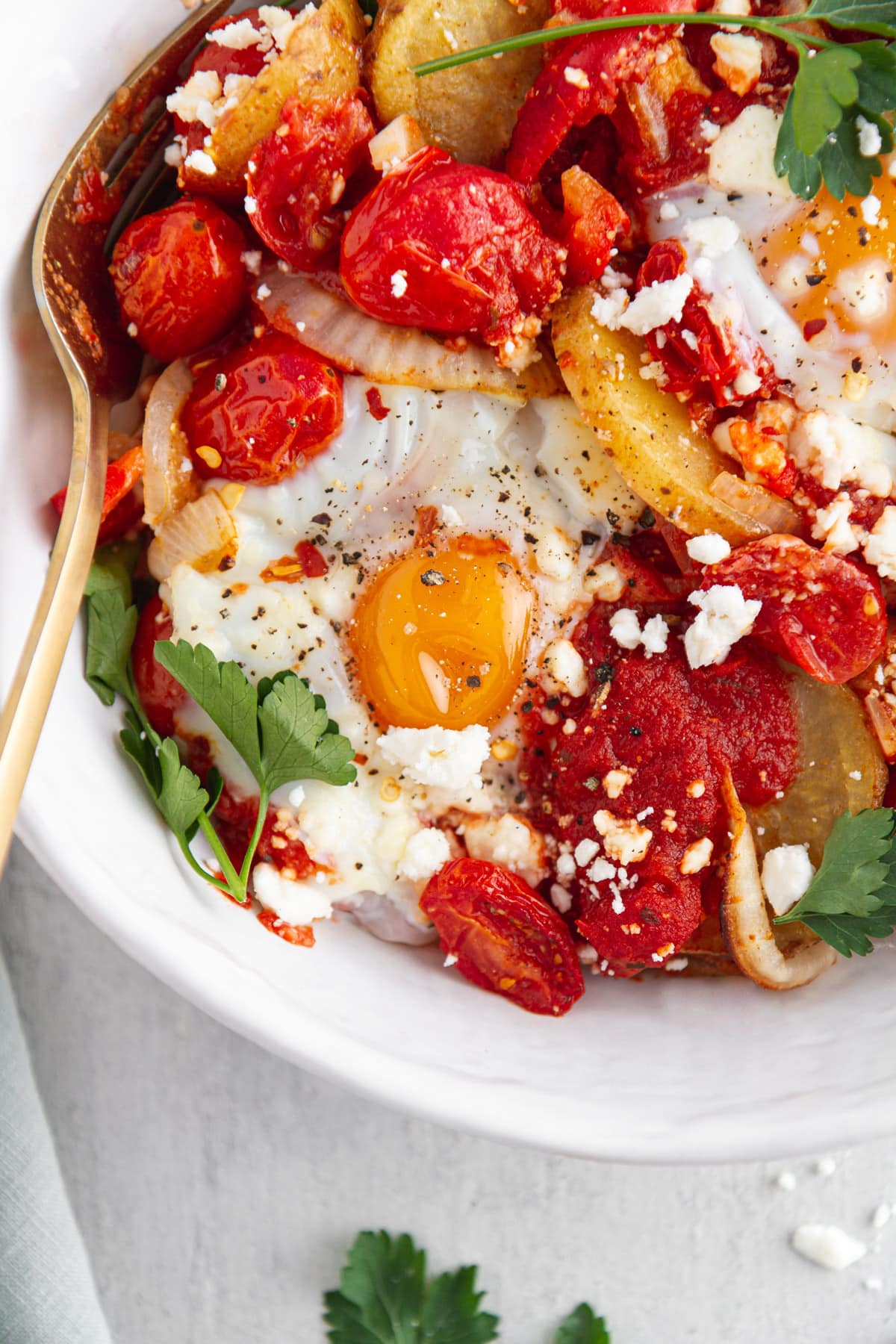 close-up shot of shakshuka in a bowl