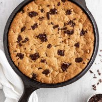 peanut butter chocolate skillet cookie on a surface