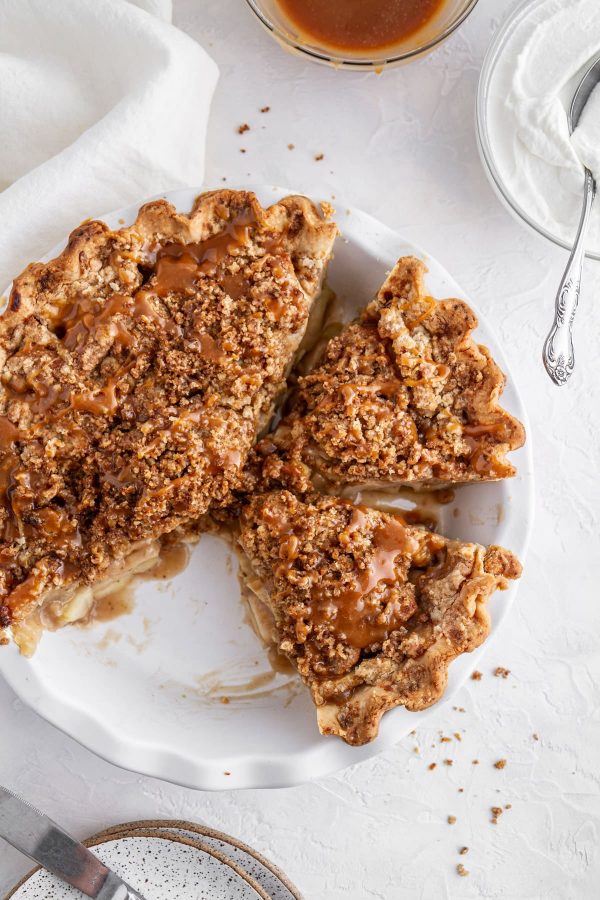 overhead shot of Dutch caramel apple pie in a pie plate