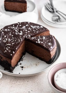 sliced instant pot chocolate cheesecake on a plate