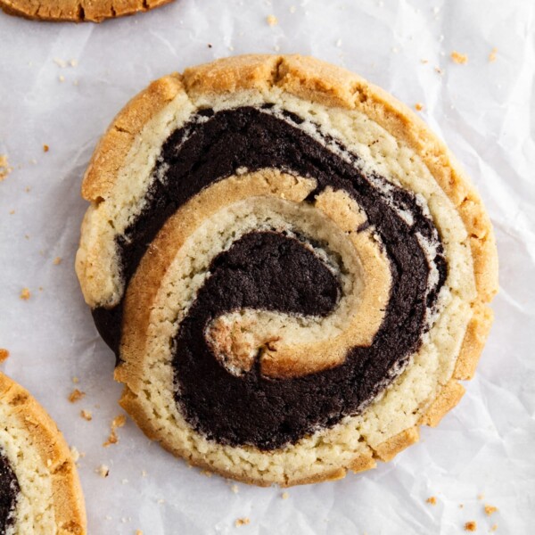 peanut butter brownie swirl cookie on parchment.