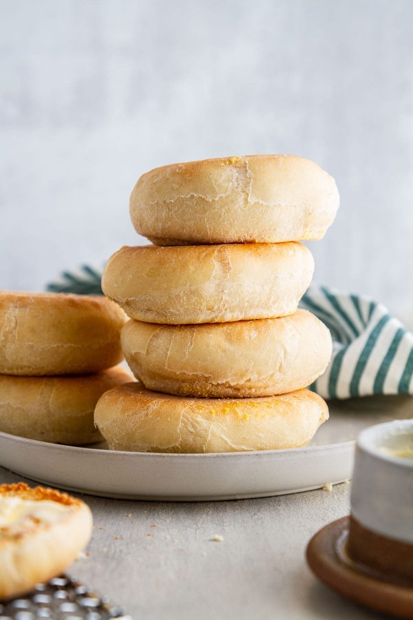 stack of English muffins on a plate