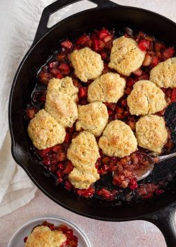 rhubarb cobbler in a cast-iron skillet