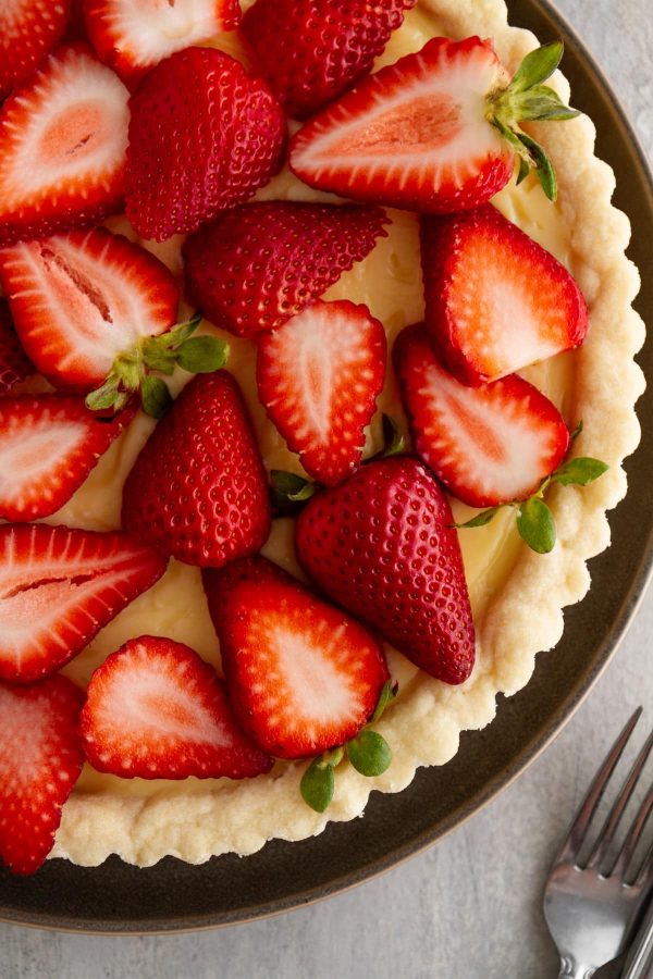 close-up of strawberry custard tart