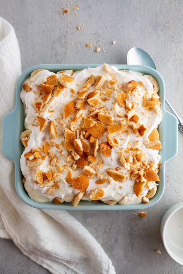 banana pudding in a baking dish