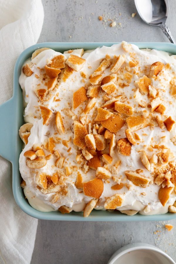 banana pudding in a baking dish