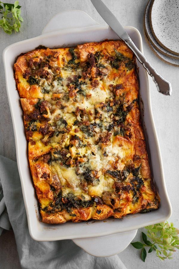 english muffin egg bake in casserole dish