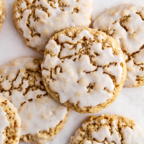 overhead shot of iced pumpkin spice oatmeal cookies.