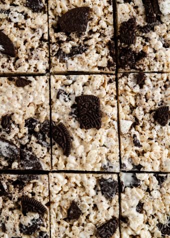 close-up of brown butter oreo rice krispie treats