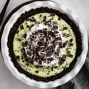 overhead shot of grasshopper pie on a plate.