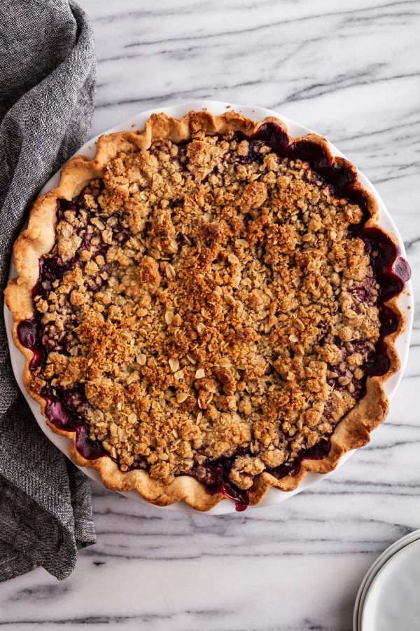 streusel berry pie on a surface