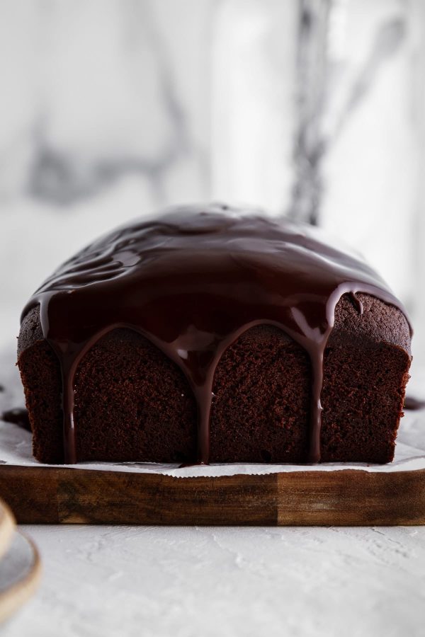 chocolate pound cake on a cutting board