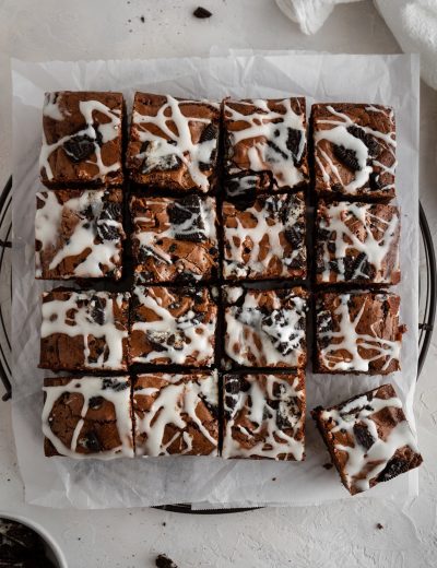 cut-up brownies on a cooling rack