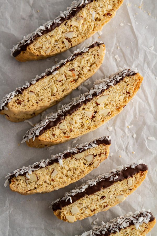 almond joy biscotti on a surface