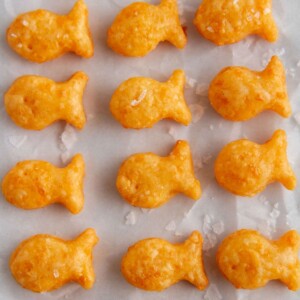 Homemade goldfish crackers on a surface