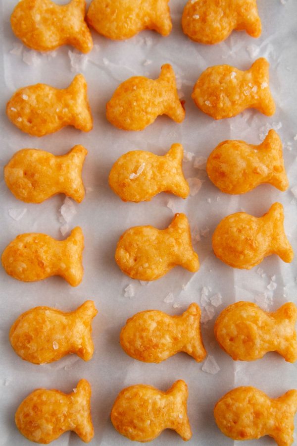 Homemade goldfish crackers on a surface