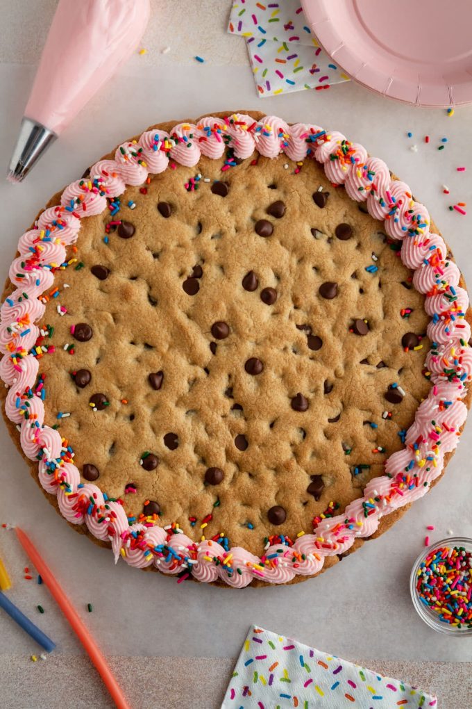 overhead shot of chocolate chip cookie cake
