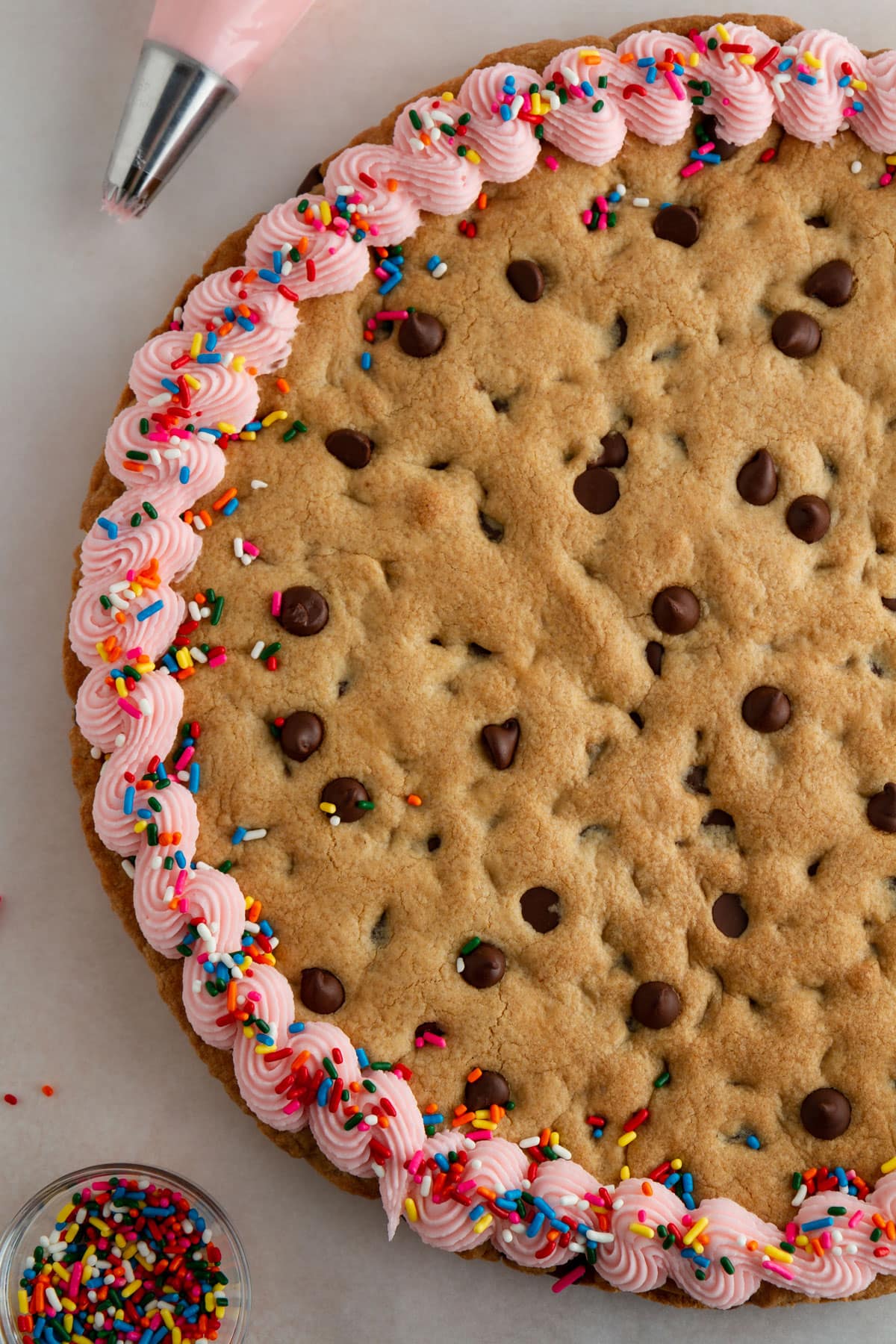 overhead shot of chocolate chip cookie cake.
