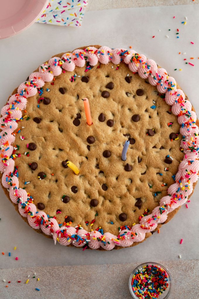 chocolate chip cookie cake with candles in it