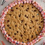 overhead shot of chocolate chip cookie cake.