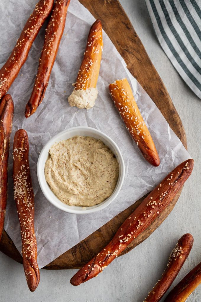 homemade hard pretzel rods with mustard sauce