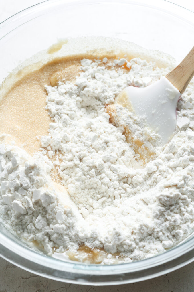 Flour with wet ingredients.