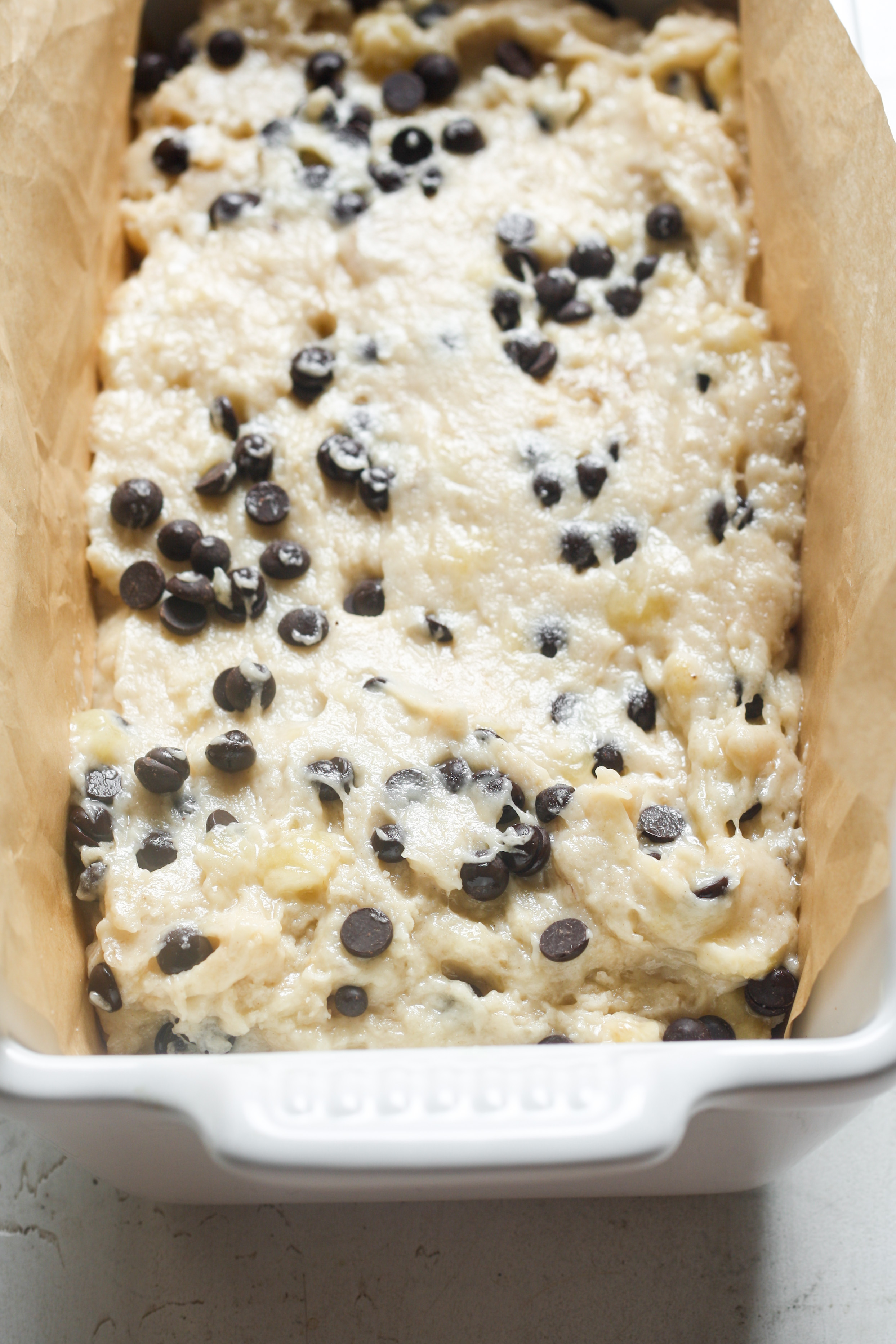 Raw batter in loaf pan.