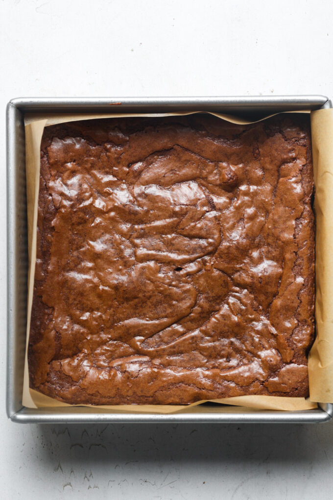 Baked brownies in square pan.