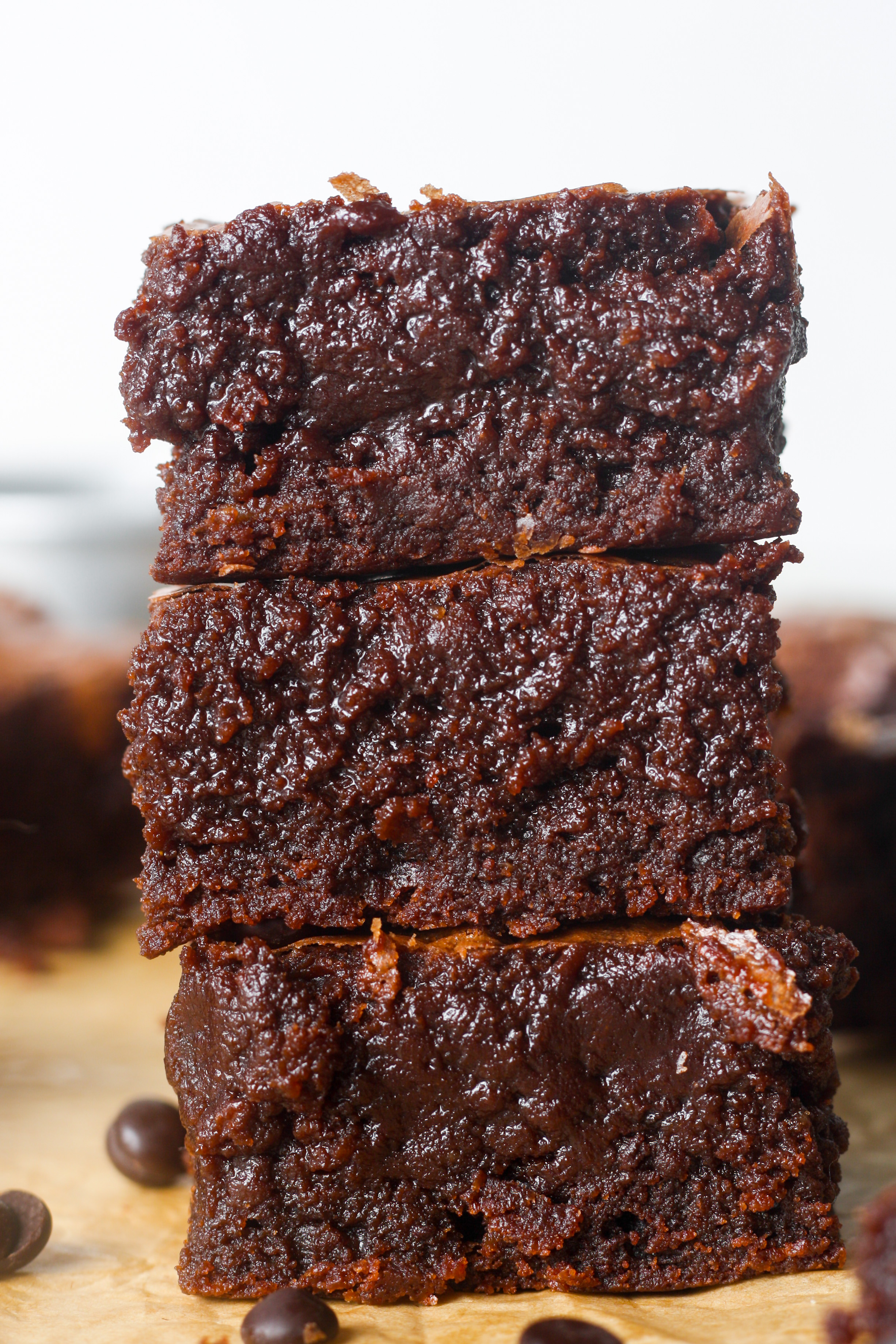 Stack of homemade brownies.