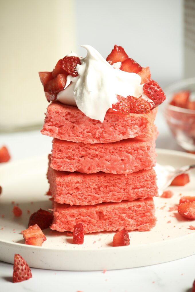 Stack of strawberry brownies.