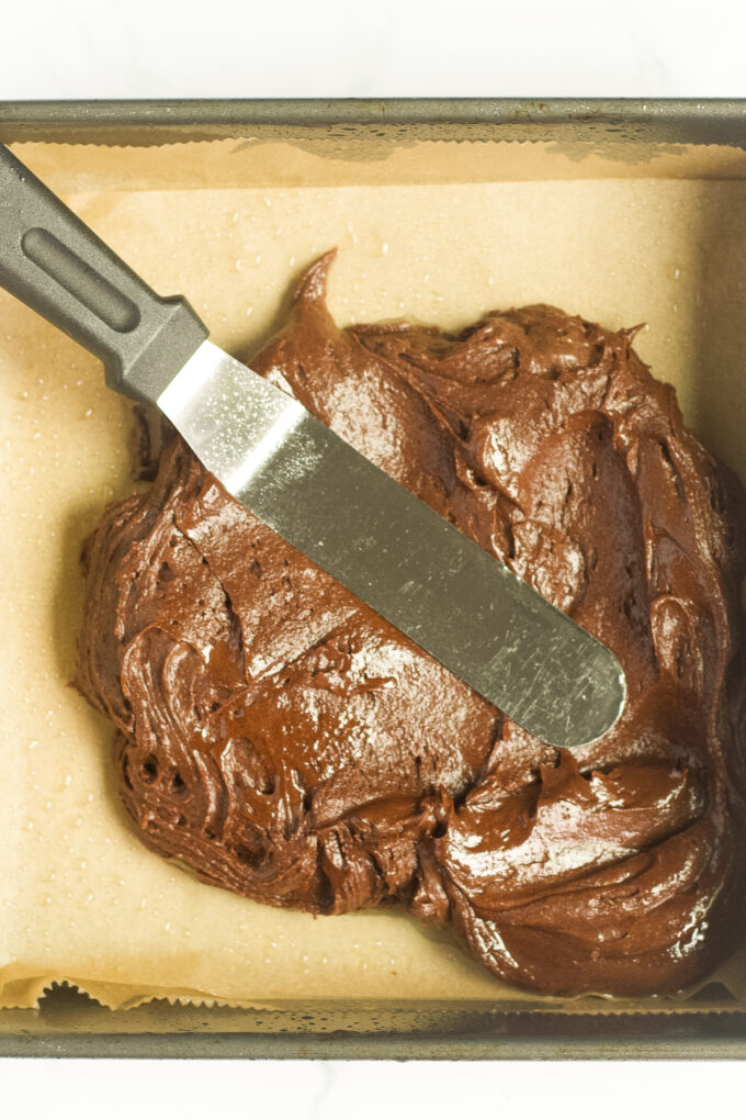 Brownie batter in pan.