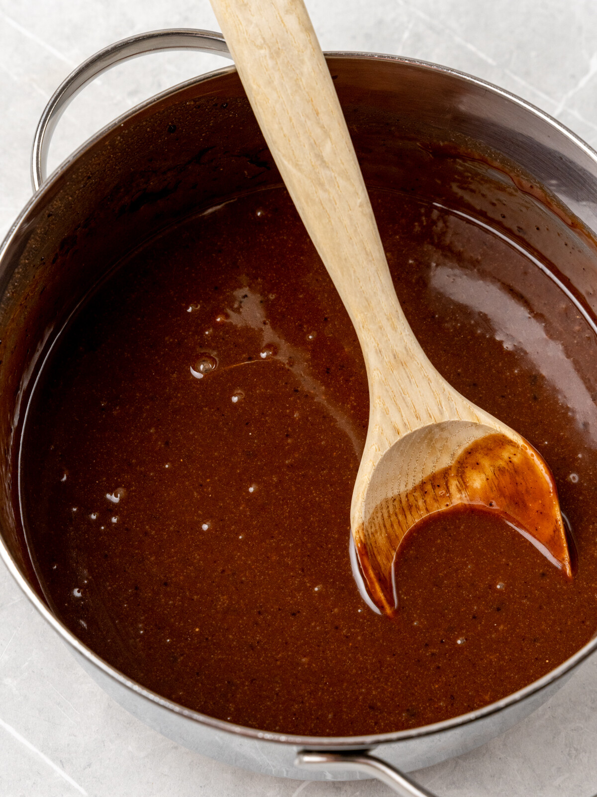 Smooth melted chocolate mixture.