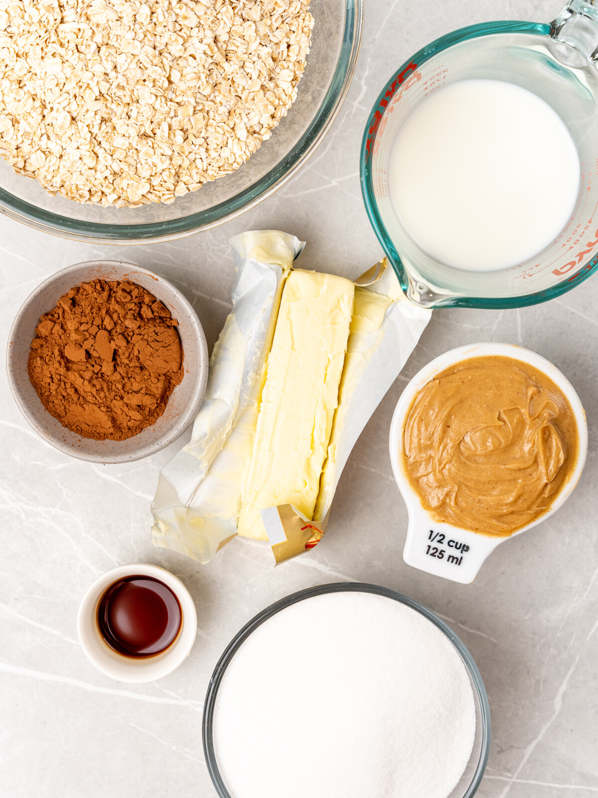 Ingredients for chocolate peanut butter no bake cookies.