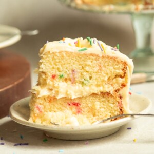 two layer funfetti cake slice on white plate.