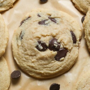 gooey chocolate chip cookie on parchment.