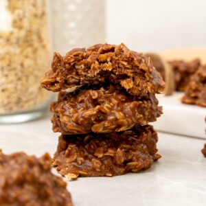 stack of no bake chocolate peanut butter cookies.