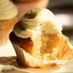 vanilla cupcake bitten open.