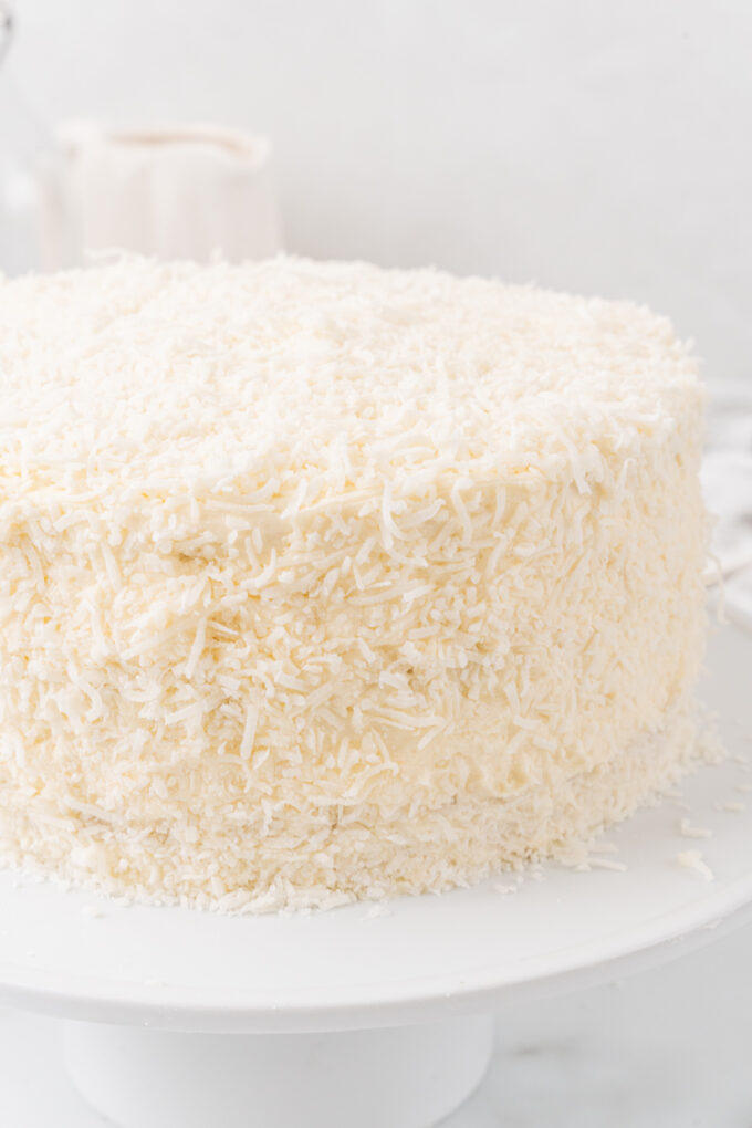 Coconut flakes on cake.