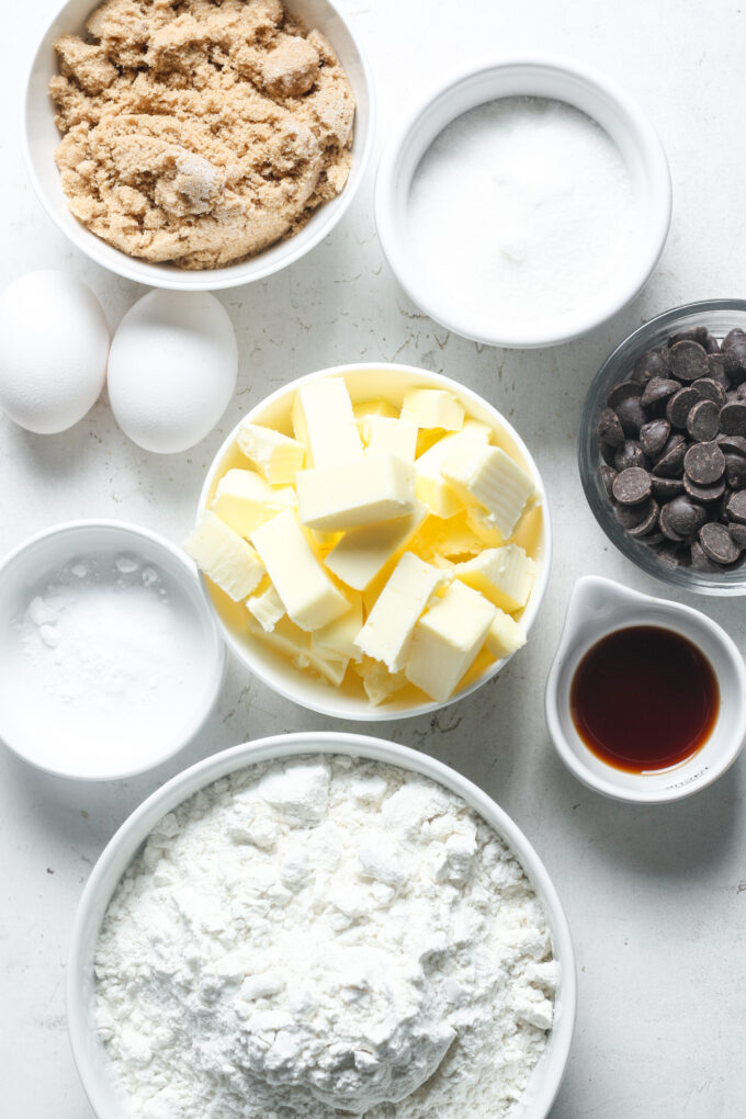 Ingredients for gooey chocolate chip cookies.